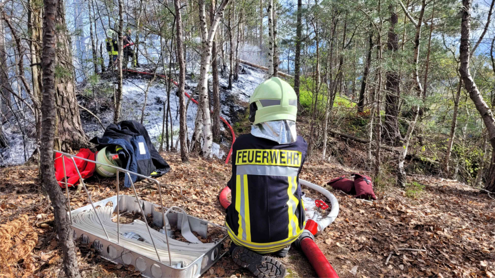 Kameradinnen und Kameraden der Hohnsteiner Feuerwehr bekämpften die großflächig in Brand geratene Kuppe des Felsriffs in der Kernzone bei Waitzdorf. Das weiße Netzmittel im Löschwasser erleichtert das Eindringen des Wassers in tiefere Schichten der Nadelstreu. Am heutigen 03.04. gegen 12:30 Uhr konnte das Löschen des Waldbrandes gemeldet werden. ©Hp. Mayr