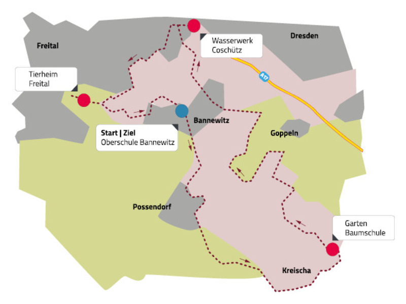 Die Strecke der diesjährigen SachsenEnergie-RundumTour führt durch den Landkreises Sächsische Schweiz-Osterzgebirge. Start- und Zielpunkt der 35 Kilometer langen Rundtour ist Bannewitz. Grafik: SachsenEnergie/PR