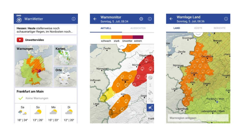 Screenshots der DWD-WarnWetter-App aus dem Jahr 2015 © DWD