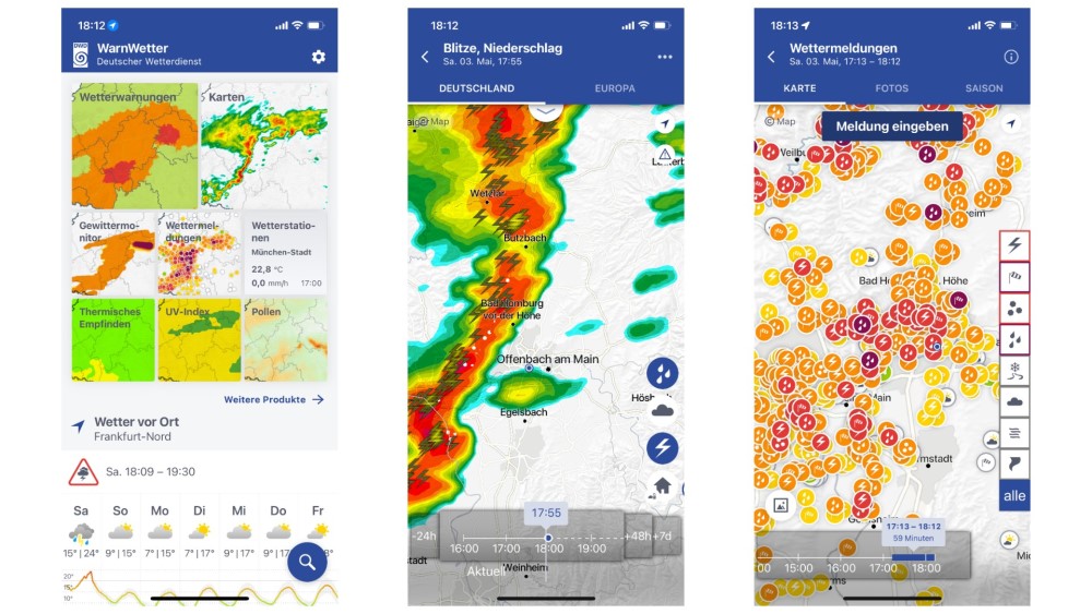 Screenshots der DWD-WarnWetter-App aus dem Jahr 2025 © DWD