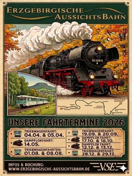Fahrtenübersicht der Erzgebirgische Aussichtsbahn . Plakat: Verein Sächsischer Eisenbahnfreunde e. V.